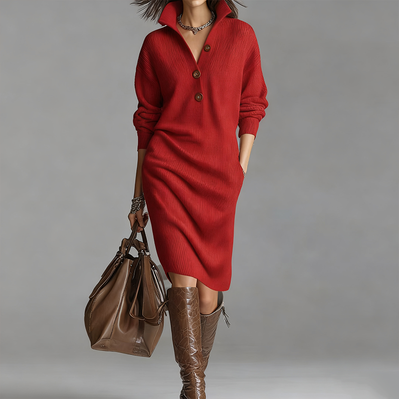 Robe femme tricot côtelé col montant boutonnée – Élégance & Confort