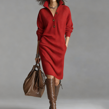 Robe femme tricot côtelé col montant boutonnée – Élégance & Confort