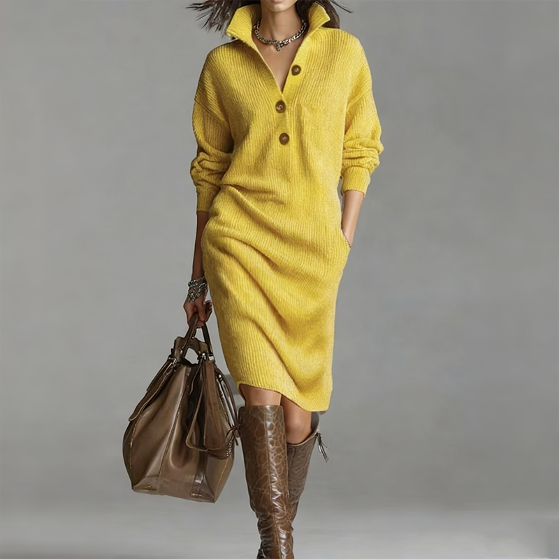 Robe femme tricot côtelé col montant boutonnée – Élégance & Confort