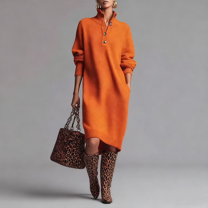 Robe femme tricot côtelé col montant boutonnée – Élégance & Confort