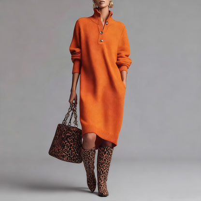 Robe femme tricot côtelé col montant boutonnée – Élégance & Confort