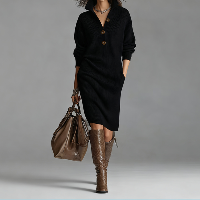 Robe femme tricot côtelé col montant boutonnée – Élégance & Confort