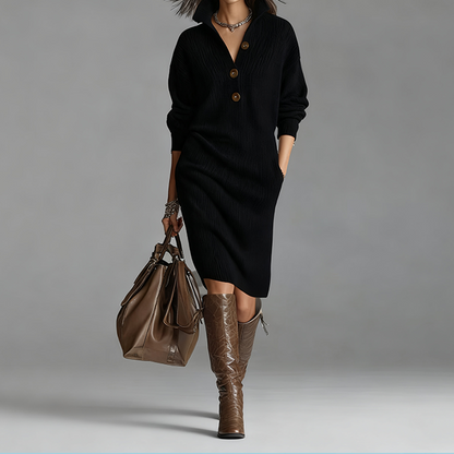 Robe femme tricot côtelé col montant boutonnée – Élégance & Confort