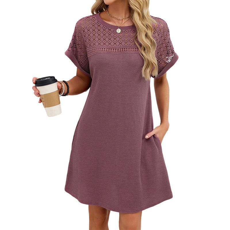Robe trapèze à manches courtes en dentelle patchwork pour femme