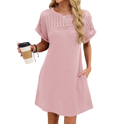 Robe trapèze à manches courtes en dentelle patchwork pour femme
