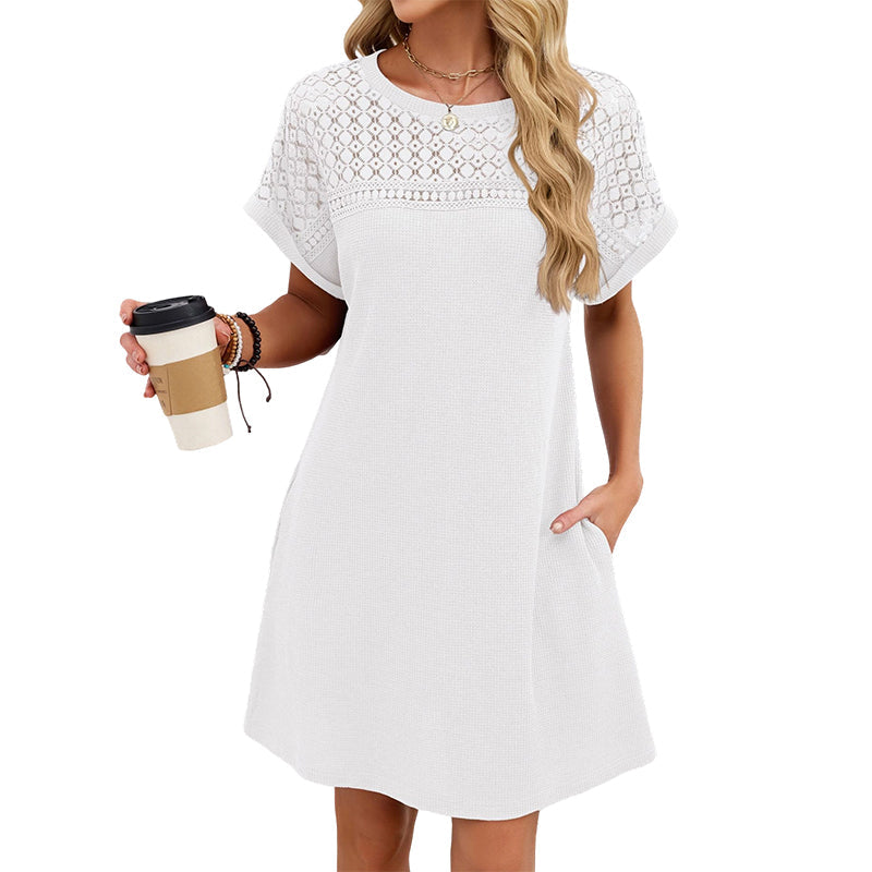 Robe trapèze à manches courtes en dentelle patchwork pour femme