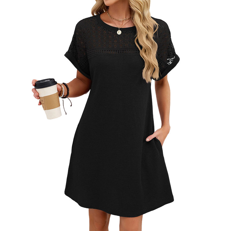 Robe trapèze à manches courtes en dentelle patchwork pour femme