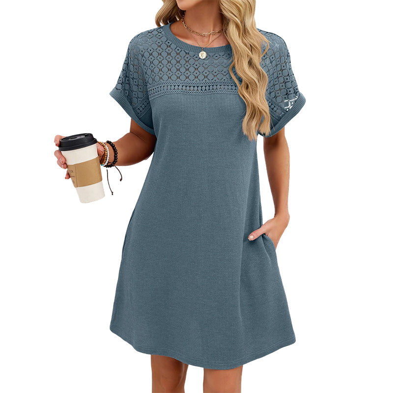 Robe trapèze à manches courtes en dentelle patchwork pour femme
