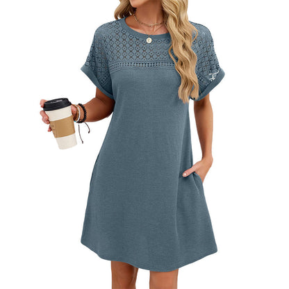 Robe trapèze à manches courtes en dentelle patchwork pour femme