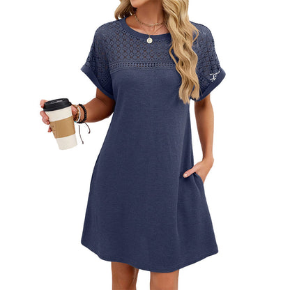 Robe trapèze à manches courtes en dentelle patchwork pour femme